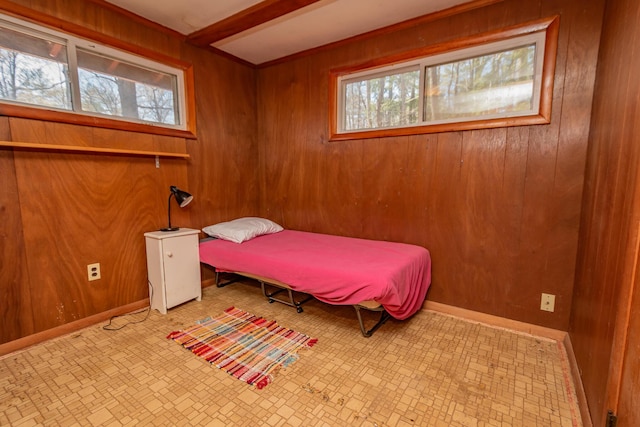 54 Papoose Island Rd, Raymond, ME 04071 - bedroom with wooden walls and tile patterned floors