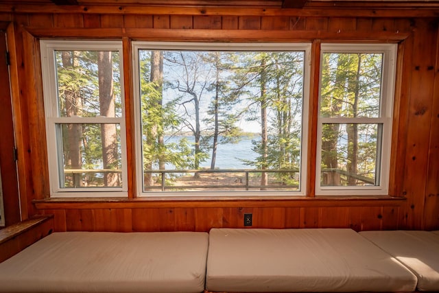 54 Papoose Island Rd, Raymond, ME 04071 - unfurnished bedroom featuring a water view, wood walls, and multiple windows