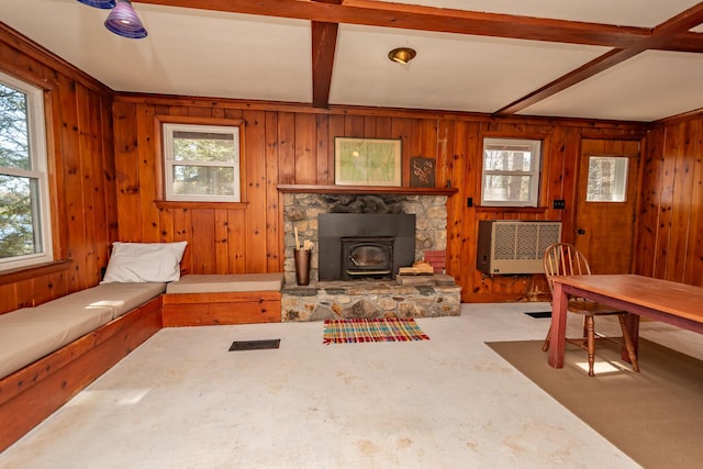 54 Papoose Island Rd, Raymond, ME 04071 - living room featuring plenty of natural light, a wood stove, wood walls, heating unit, and carpet flooring