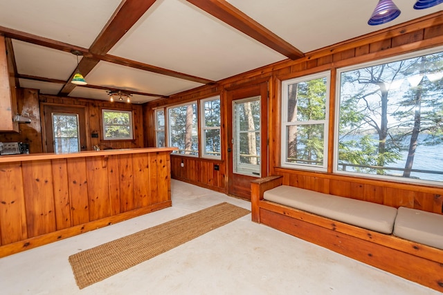 54 Papoose Island Rd, Raymond, ME 04071 - unfurnished sunroom featuring wood walls, beam ceiling, and coffered ceiling