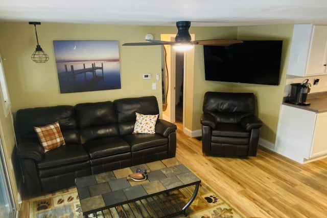 476 Springy Pond Rd, Otis, ME 04605 - living room with light wood-style flooring, a ceiling fan, and baseboards