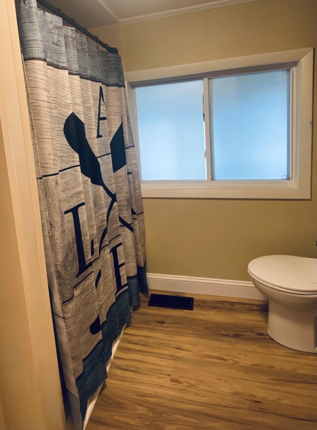 476 Springy Pond Rd, Otis, ME 04605 - bathroom featuring wood finished floors, baseboards, toilet, ornamental molding, and plenty of natural light