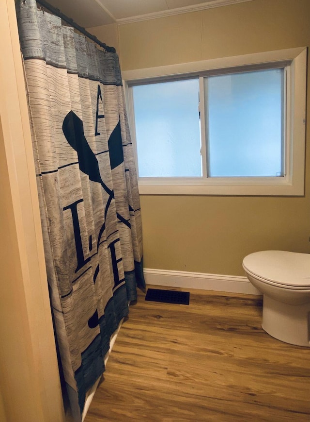476 Springy Pond Rd, Otis, ME 04605 - full bath with wood finished floors, ornamental molding, plenty of natural light, and a shower with curtain