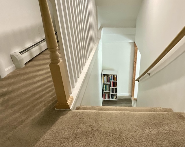 3 Brook St, Lisbon, ME 04250 - staircase featuring carpet flooring, baseboard heating, and baseboards