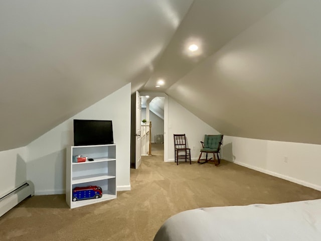3 Brook St, Lisbon, ME 04250 - carpeted bedroom featuring a baseboard heating unit, vaulted ceiling, baseboards, and recessed lighting