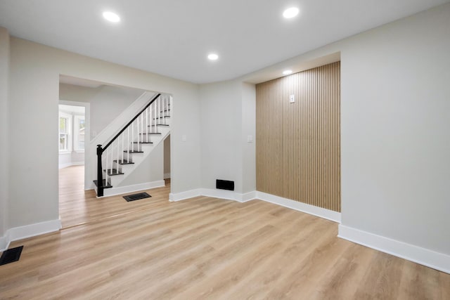 50 14th St, Bangor, ME 04401 - below grade area featuring stairway, recessed lighting, light wood-type flooring, and baseboards