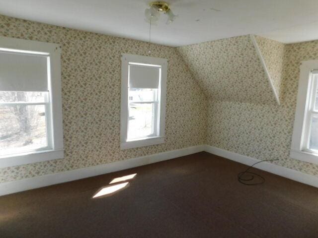 10 Summer St, Calais, ME 04619 - additional living space featuring healthy amount of natural light, baseboards, wallpapered walls, and dark colored carpet