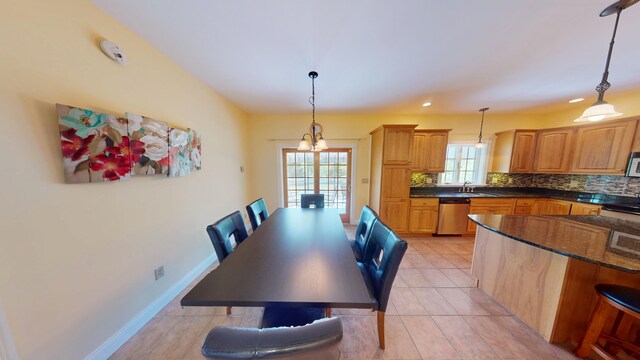 335 Western Ave, Hampden, ME 04444 - dining room with light tile patterned floors, a chandelier, baseboards, and recessed lighting