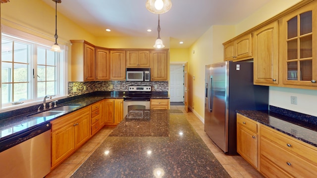 335 Western Ave, Hampden, ME 04444 - kitchen featuring stainless steel appliances, a sink, glass insert cabinets, decorative backsplash, and recessed lighting