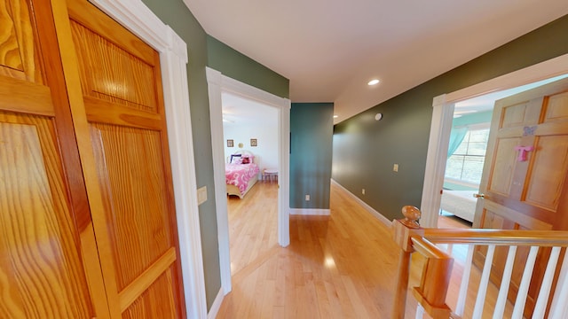 335 Western Ave, Hampden, ME 04444 - hallway featuring an upstairs landing, light wood-style flooring, recessed lighting, and baseboards
