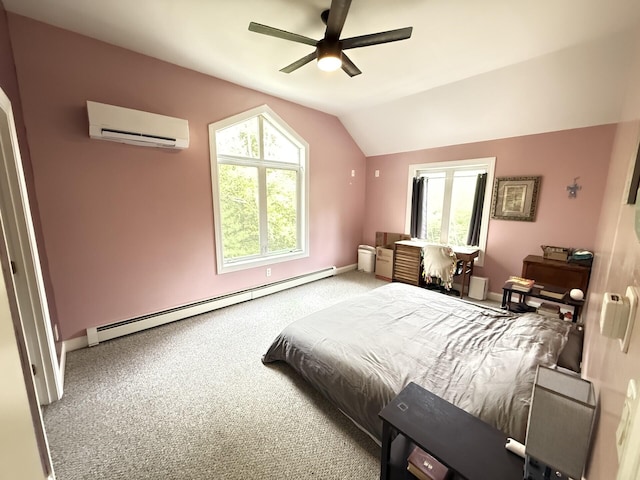 20 Lady Jennifer Dr, Biddeford, ME 04005 - bedroom featuring a baseboard radiator, a wall mounted AC, lofted ceiling, carpet floors, and baseboards