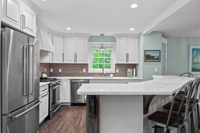 14 Winter Hills Ln, Ogunquit, ME 03907 - kitchen featuring high quality appliances, custom range hood, a sink, white cabinets, and tasteful backsplash
