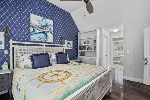 14 Winter Hills Ln, Ogunquit, ME 03907 - bedroom with an accent wall, baseboards, wallpapered walls, wood finished floors, and lofted ceiling