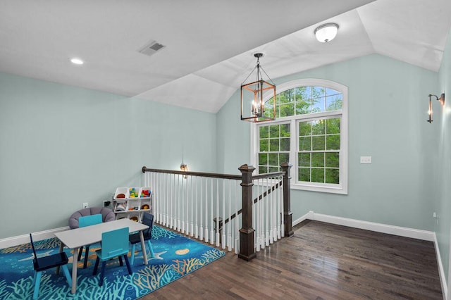 14 Winter Hills Ln, Ogunquit, ME 03907 - game room with wood finished floors, vaulted ceiling, a chandelier, baseboards, and recessed lighting