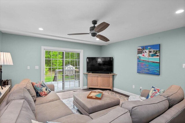 14 Winter Hills Ln, Ogunquit, ME 03907 - living area with recessed lighting, ceiling fan, baseboards, and wood finished floors