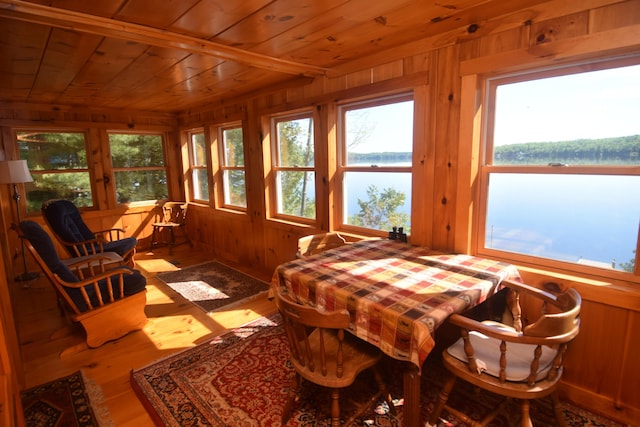 1809 Embden Pond Rd, Embden, ME 04958 - dining area featuring wood ceiling, plenty of natural light, wood walls, and wood finished floors