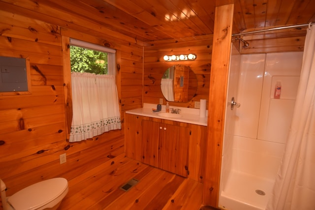 1809 Embden Pond Rd, Embden, ME 04958 - bathroom featuring a stall shower, toilet, vanity, electric panel, and wood walls