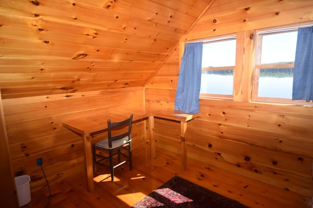 1809 Embden Pond Rd, Embden, ME 04958 - additional living space with lofted ceiling, wood finished floors, and wood walls