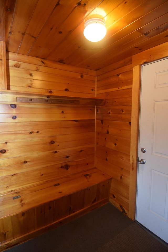 1809 Embden Pond Rd, Embden, ME 04958 - mudroom with a sauna / steam room, wooden ceiling, and wood walls