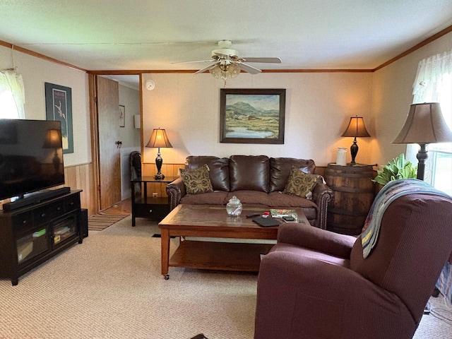 1236 Waldo Station Rd, Waldo, ME 04915 - living area with ornamental molding, a ceiling fan, and light colored carpet