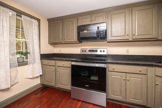 84 Little River Rd, Berwick, ME 03901 - kitchen with black microwave, electric stove, dark wood-style floors, and dark countertops