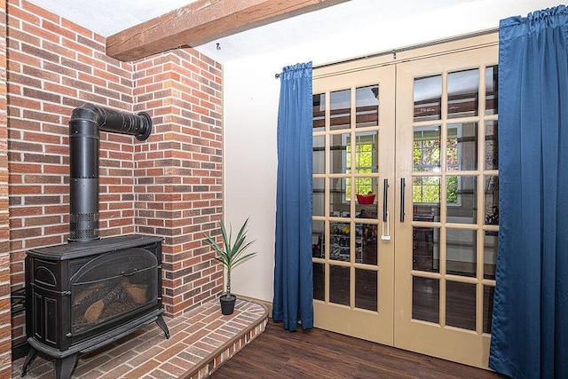 84 Little River Rd, Berwick, ME 03901 - entryway with french doors, wood finished floors, a wood stove, and beamed ceiling