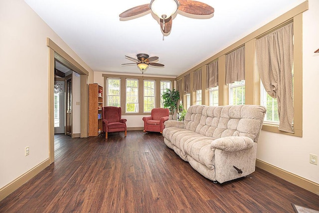 84 Little River Rd, Berwick, ME 03901 - living room featuring dark wood-type flooring, baseboards, and a ceiling fan