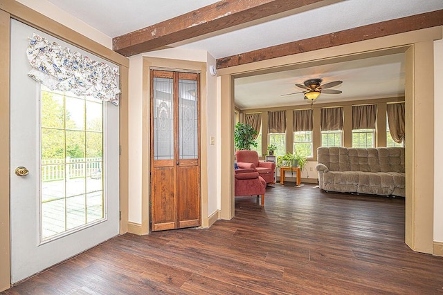 84 Little River Rd, Berwick, ME 03901 - entryway with beam ceiling, healthy amount of natural light, a ceiling fan, and dark wood-style floors