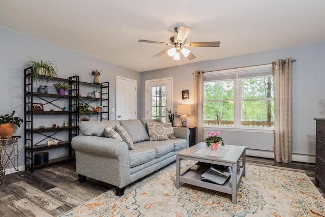 80 Hubbard Rd, Berwick, ME 03901 - living room with baseboard heating, wood finished floors, and ceiling fan