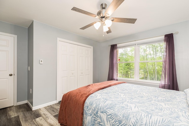 80 Hubbard Rd, Berwick, ME 03901 - bedroom featuring wood finished floors, baseboards, a closet, and a ceiling fan