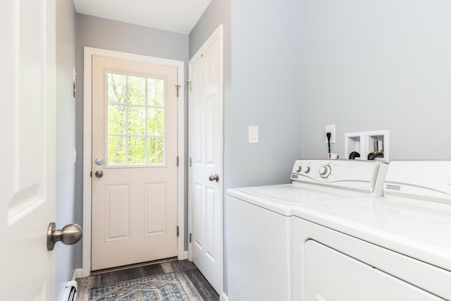 80 Hubbard Rd, Berwick, ME 03901 - laundry room with baseboard heating, separate washer and dryer, and dark wood-style flooring