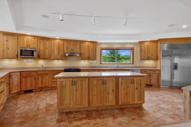 2222 Main Rd, Chatham, NH 03813 - kitchen featuring appliances with stainless steel finishes, under cabinet range hood, a sink, a center island, and recessed lighting
