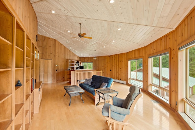 2222 Main Rd, Chatham, NH 03813 - living area featuring wood ceiling, a baseboard radiator, wooden walls, lofted ceiling, and light wood-type flooring