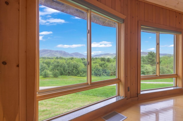 2222 Main Rd, Chatham, NH 03813 - detailed view of a mountain backdrop, wood walls, and wood finished floors