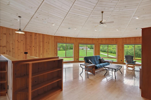 2222 Main Rd, Chatham, NH 03813 - living room featuring wood walls, a ceiling fan, high vaulted ceiling, wood ceiling, and light wood finished floors