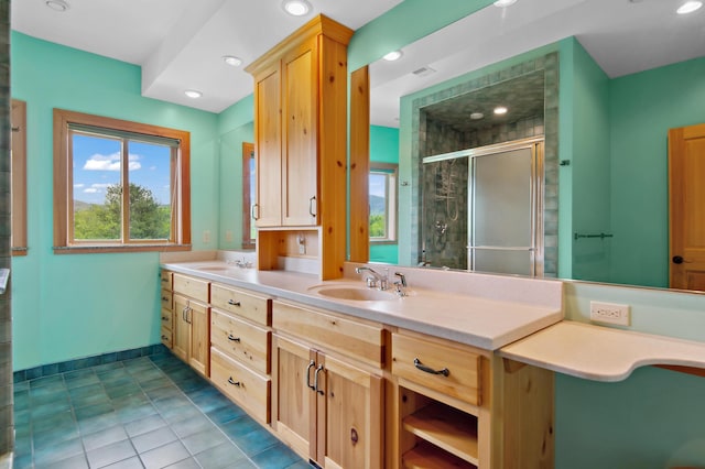 2222 Main Rd, Chatham, NH 03813 - full bath featuring a stall shower, double vanity, tile patterned flooring, and recessed lighting