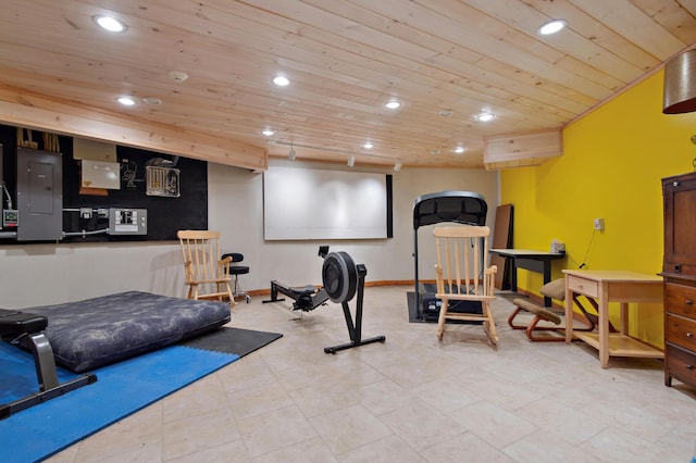 2222 Main Rd, Chatham, NH 03813 - workout room featuring wooden ceiling, electric panel, and recessed lighting