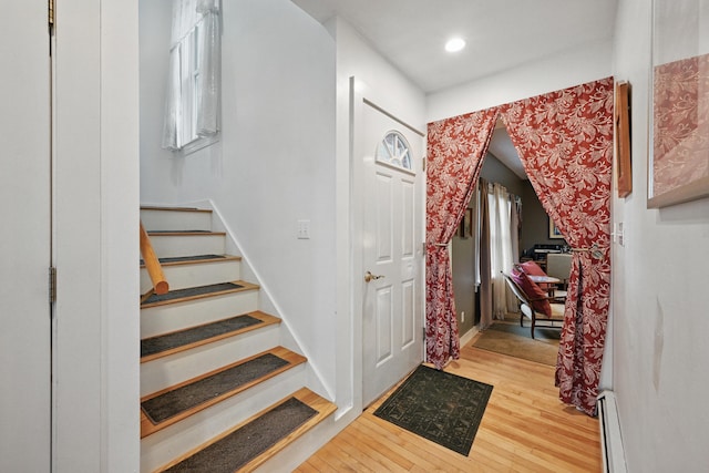 17 Lincoln Ln, Newcastle, ME 04553 - entrance foyer with wood finished floors, baseboard heating, stairs, and recessed lighting