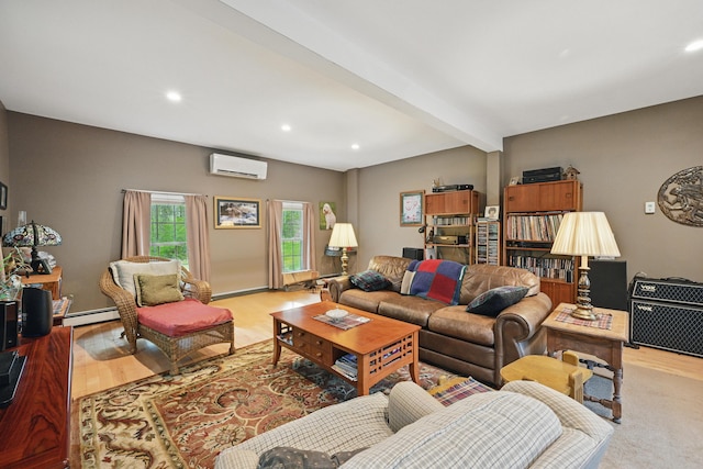 17 Lincoln Ln, Newcastle, ME 04553 - living room featuring a wall mounted air conditioner, light wood-style floors, recessed lighting, beamed ceiling, and a baseboard radiator