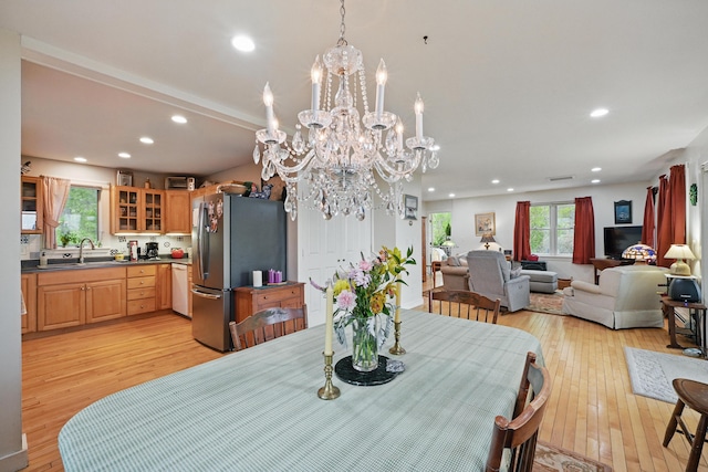 17 Lincoln Ln, Newcastle, ME 04553 - dining area with light wood-type flooring, a chandelier, and recessed lighting
