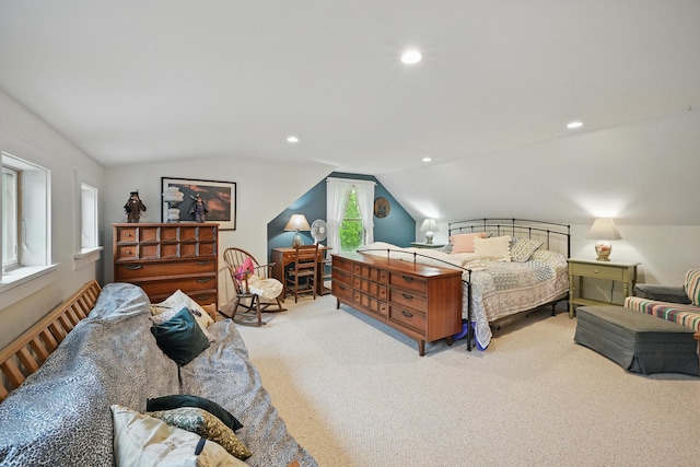 17 Lincoln Ln, Newcastle, ME 04553 - bedroom with vaulted ceiling, carpet floors, and recessed lighting