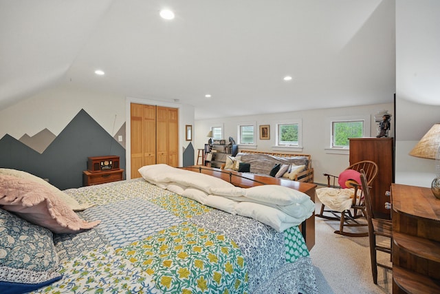 17 Lincoln Ln, Newcastle, ME 04553 - bedroom featuring vaulted ceiling, recessed lighting, a closet, and carpet