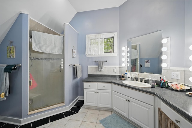 17 Lincoln Ln, Newcastle, ME 04553 - full bathroom with a stall shower, vanity, tile patterned floors, and tasteful backsplash