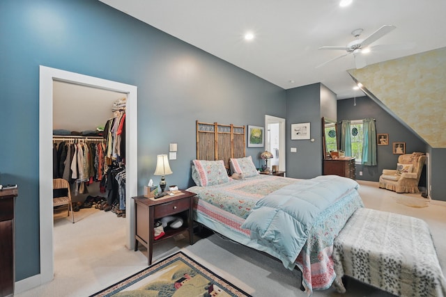 17 Lincoln Ln, Newcastle, ME 04553 - carpeted bedroom featuring a spacious closet, a closet, recessed lighting, ceiling fan, and vaulted ceiling