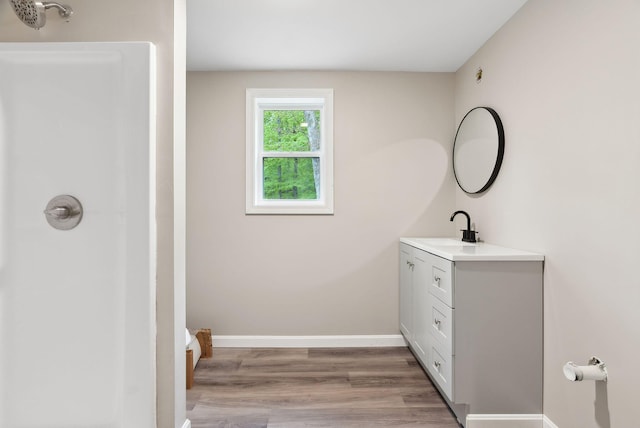 834-836 Sebago Rd, Sebago, ME 04029 - full bathroom with vanity, wood finished floors, baseboards, and a shower