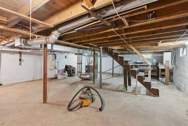 834-836 Sebago Rd, Sebago, ME 04029 - below grade area featuring water heater, stairs, and heating unit