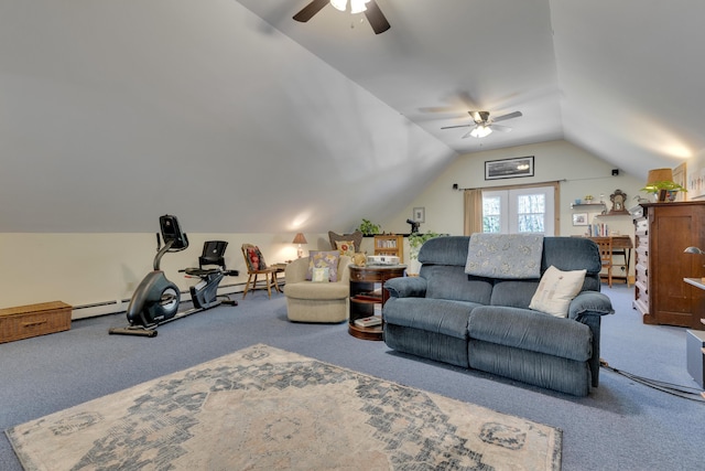 241 Old Stage Rd, Arrowsic, ME 04530 - living area featuring ceiling fan, carpet flooring, vaulted ceiling, and a baseboard heating unit