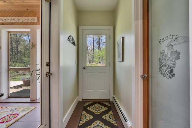 241 Old Stage Rd, Arrowsic, ME 04530 - entryway featuring baseboard heating, plenty of natural light, dark tile patterned flooring, wooden ceiling, and baseboards