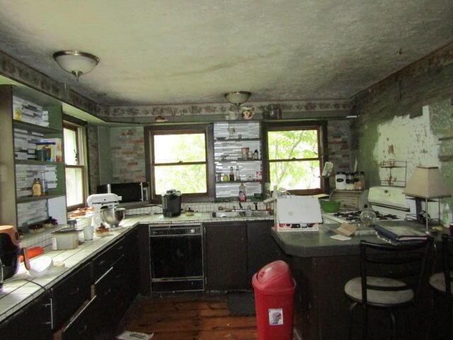 33 Log N Rock Rd, Eliot, ME 03442 - kitchen featuring black dishwasher, white range with gas cooktop, tile countertops, dark wood-style floors, and a sink