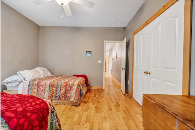 700 Pond Rd, Saint Albans, ME 04971 - bedroom featuring light wood-style flooring, ceiling fan, baseboards, and a closet